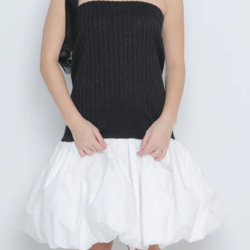 Black Strapless Top with White Skirt